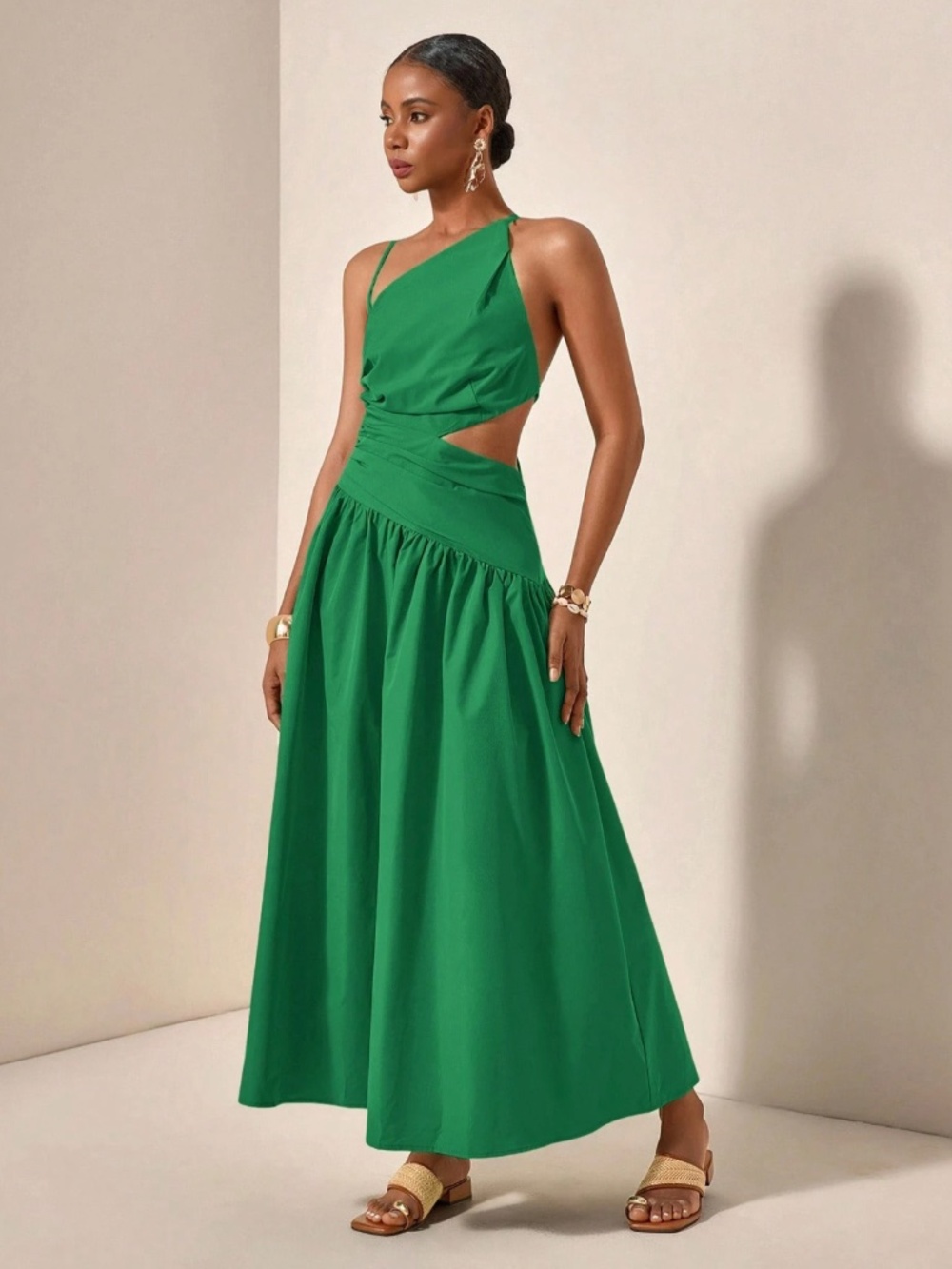 Asymmetrical Green Dress Cut Out Ruched Maxi Lace Up Back - Picture 6 of 8